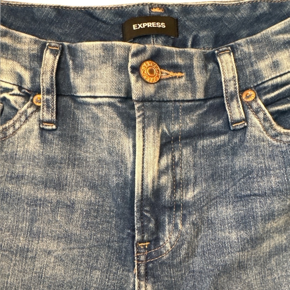 EXPRESS SKYSCRAPER Mid rise stretch Distressed Blue Jeans SZ 6 8 10 Medium M - Picture 7 of 9